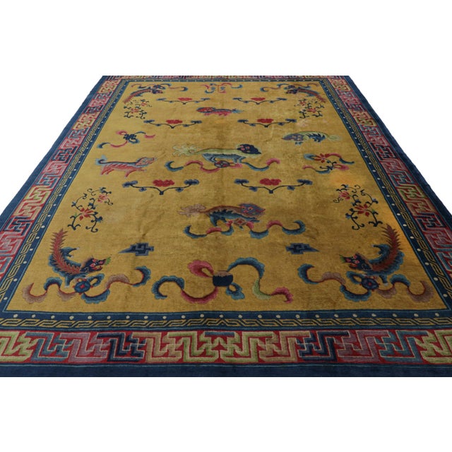 1920s Antique Indochinese Art Deco Rug in Gold With Kirin Pictorials, From Rug & Kilim For Sale - Image 5 of 8