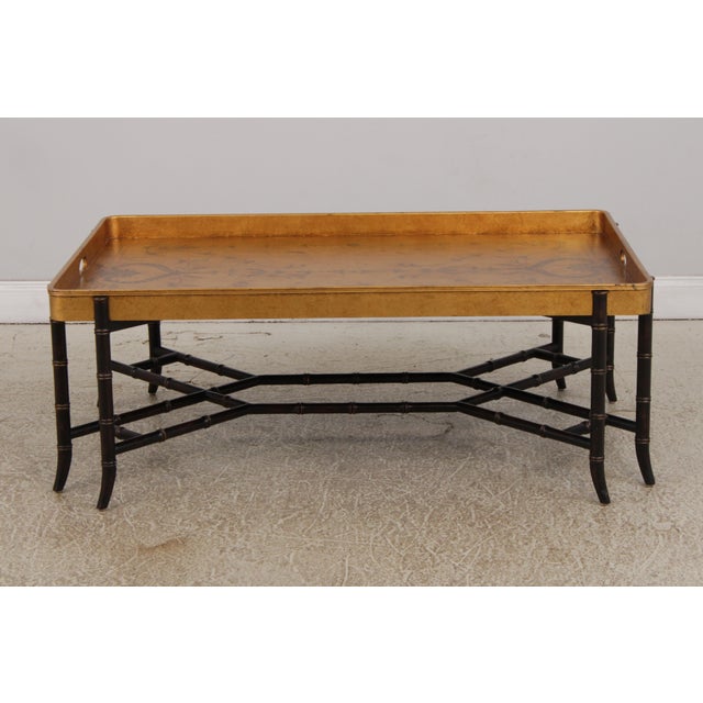 Age: Approx. 20 Years Old Details: Large Impressive Table Nice Turned Legs & Stretcher Base Bamboo Form Base Gold Gilt Top...