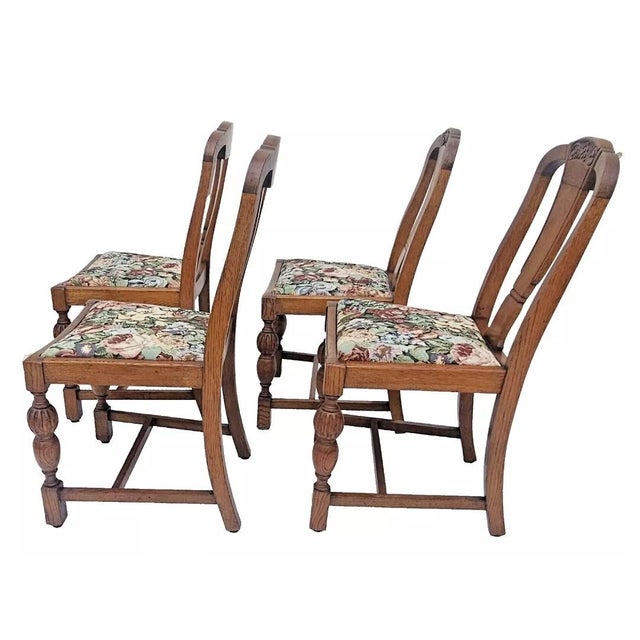Antique 1920s Set of 4 Tiger Oak Dining / Kitchen Chairs English Jacobean Restored For Sale - Image 4 of 12