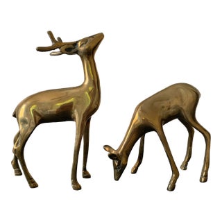 Mid 20th Century Vintage Brass Pair of Deer For Sale