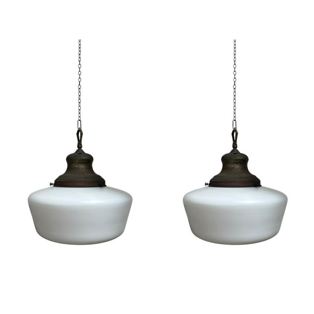 Large Antique English Opaline Milk Glass and Brass Church Pendant, 1890s For Sale - Image 12 of 12