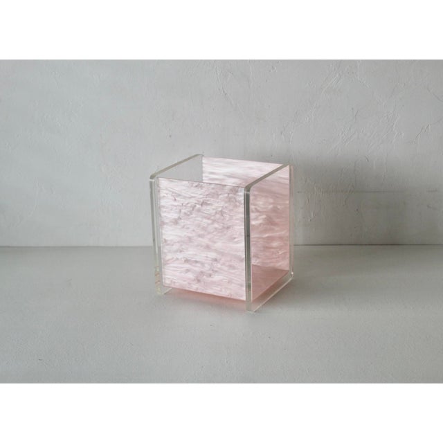 Vintage Mid-Century Acrylic Lucite Pink Mother of Pearl/Marble Effect Rectangular Wastebasket For Sale - Image 13 of 13