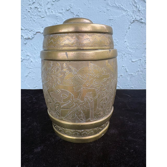 Asian Vintage Hand-Etched Asian Brass Covered Jars – Set of 2 Decorative Canisters For Sale - Image 3 of 12