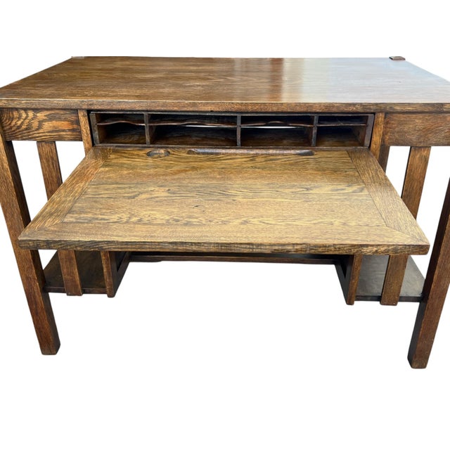 Cinnamon Restored Antique Mission Oak Drop-Leaf Writing Desk, C. 1920s For Sale - Image 8 of 15