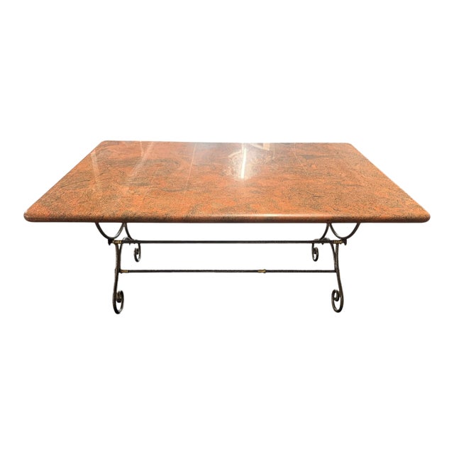 Vintage Forged Iron & Granite Outdoor Dining Table With Brass Accents For Sale