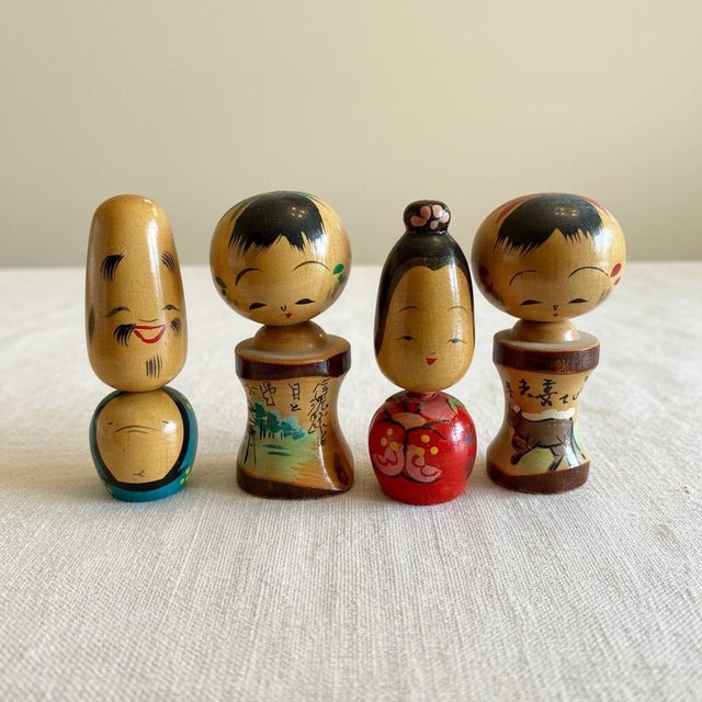 Mid-Century Modern Vintage Japanese Kokeshi Dolls-Set of 4-Miniature Hand Painted Wood-Japan- MCM For Sale - Image 3 of 11