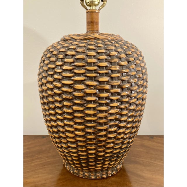 Unique vintage plaster lamp in good condition with a unique pattern that mimics a woven bamboo basket. Some areas of...