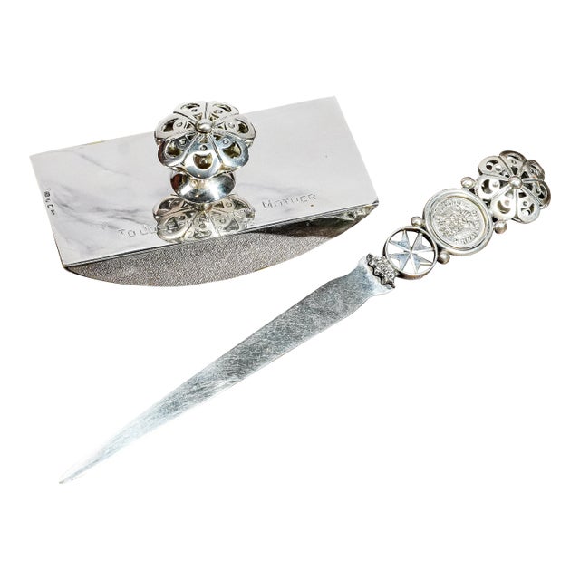 Unique Maltese Silver Desk Set Inset Antique Malta Tari Coin Letter Opener and Ink Blotter For Sale