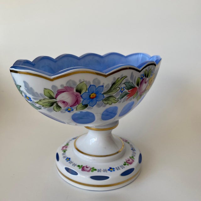 Vintage Moser Glass Oval Bowl: Cut-to-Clear, White With Blue Overlay, Hand Painted Florals For Sale - Image 15 of 16