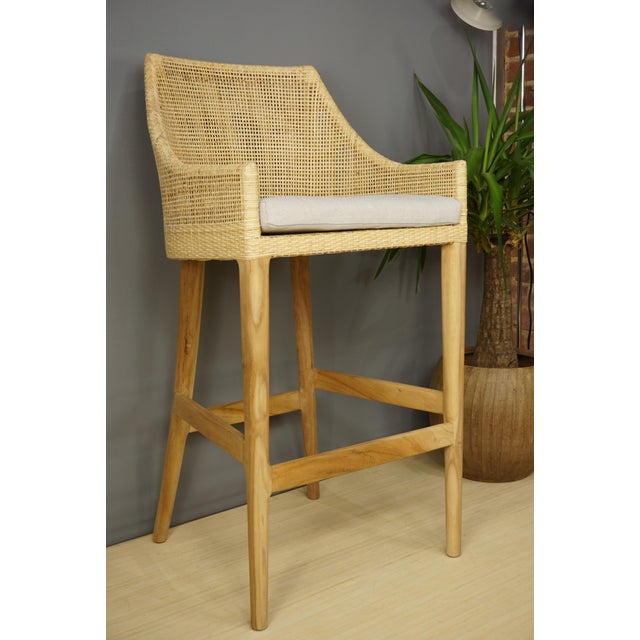 Wood and Rattan High Bar Stools, Set of 2 For Sale - Image 6 of 8