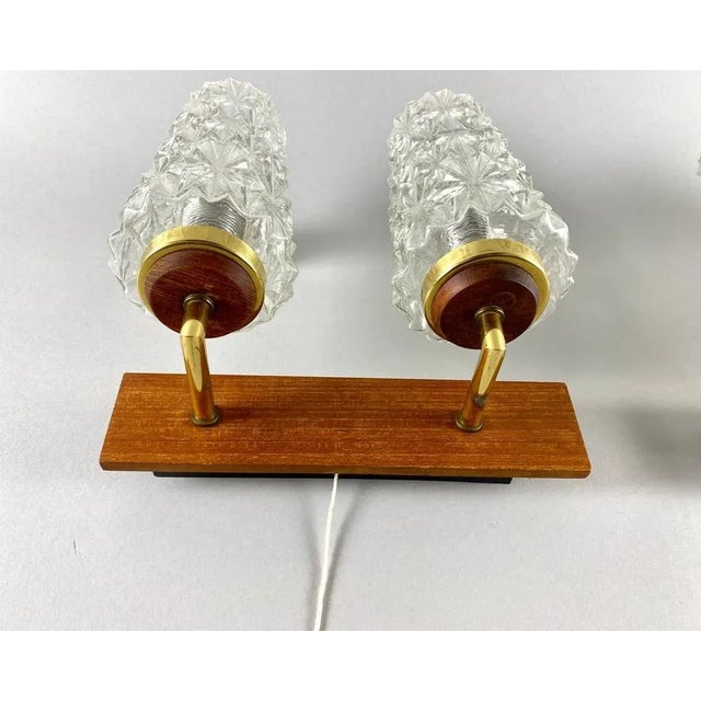 Wood Double Arm Wall Lights with Cylindrical Glass Shades and Wooden Bases, Germany, Set of 2 For Sale - Image 7 of 10