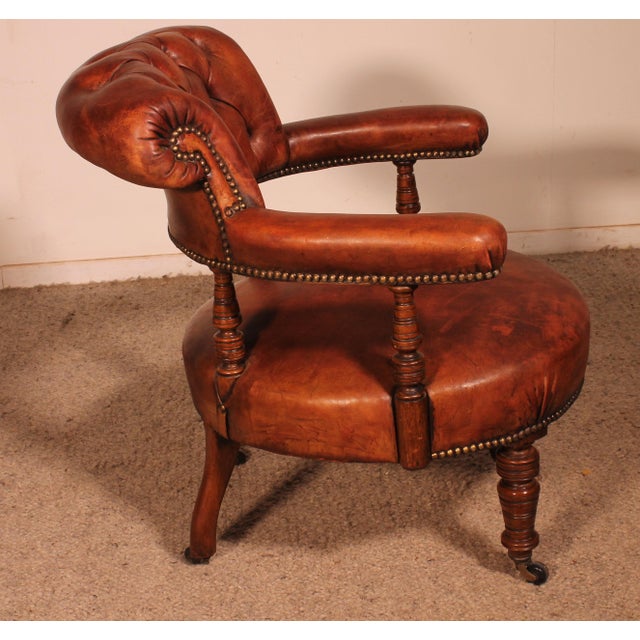 Tan Small Vintage Armchair in English Cognac Mahogany and Leather, 1800s For Sale - Image 8 of 15