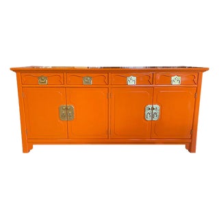 1970s 72" Finished Electric Orange 4 Door 4 Drawer Henredon Vintage Buffet For Sale