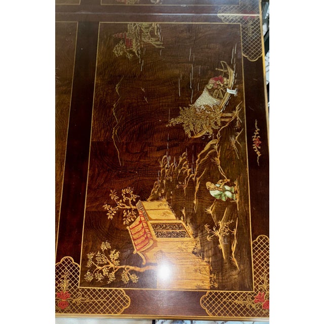 1960s Mahogany Henredon Chinoserie Dining Room Table and Chairs. Hand Painted Scenes on Each Section Including Leaves - Set of 9 For Sale - Image 9 of 9
