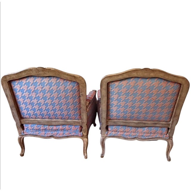 Vintage French Country Bergère Chairs in Red and Blue Houndstooth, a Pair For Sale - Image 9 of 11