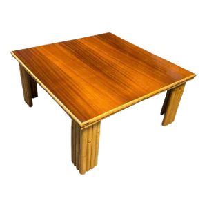 Restored Rattan & Curly Mahogany Square Coffee Table W/ Stacked Rattan Legs