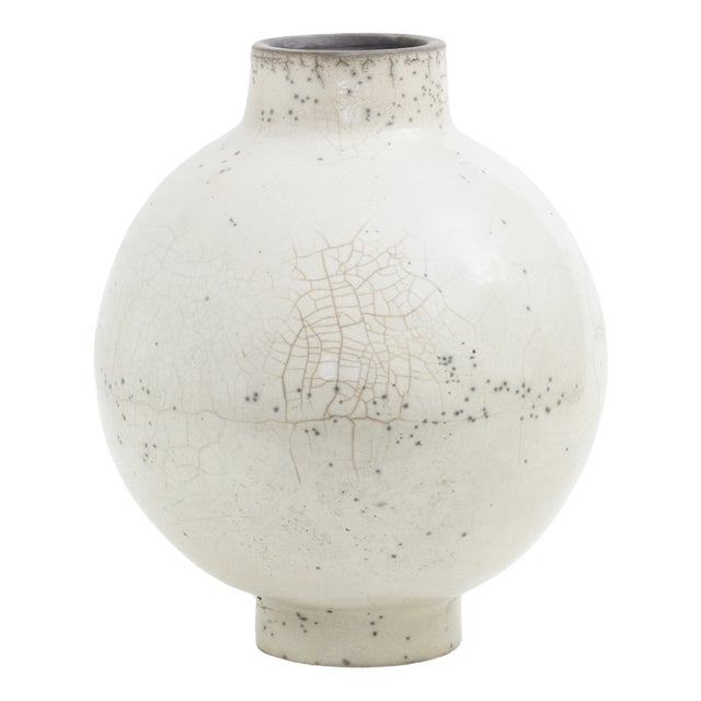 Japanese Modern Minimalist Dome L Vase Raku Ceramic White Crakle For Sale