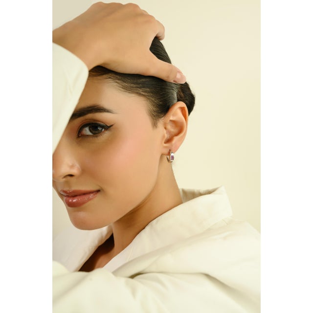 Geometric Emerald-Cut Natural Pink Sapphire Huggie Hoop Earrings 14k White Gold- A Pair For Sale - Image 4 of 11