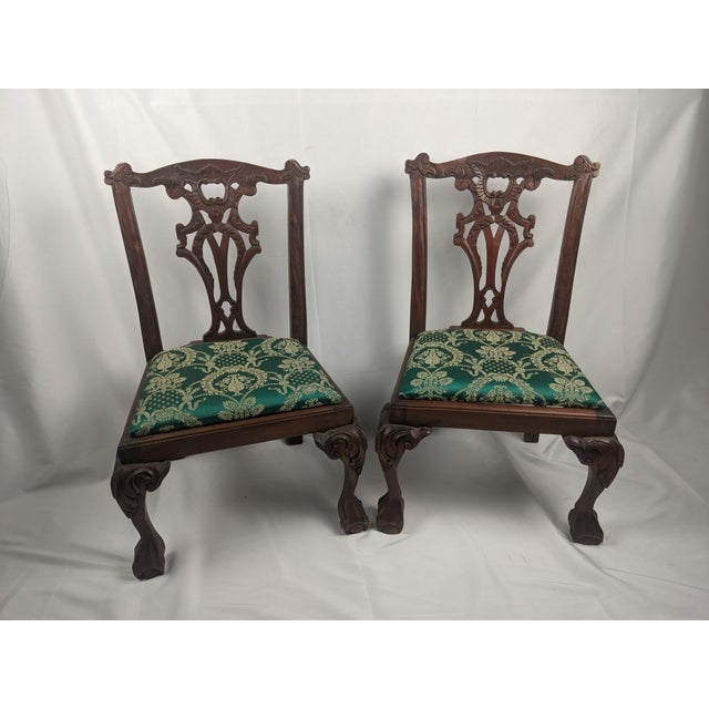 Pair of Antique Carved Wood Chippendale Style Side Chairs With Green Brocade Seats For Sale - Image 18 of 18