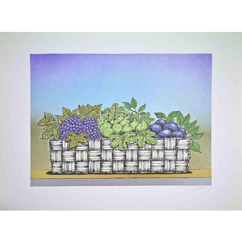 Bruno Caruso, Still Life with Basket of Fruit, 1980s, Lithograph For Sale