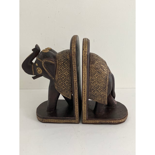 Vintage Carved Wooden Elephant Bookends With Brass Inlay – Pair For Sale - Image 9 of 10