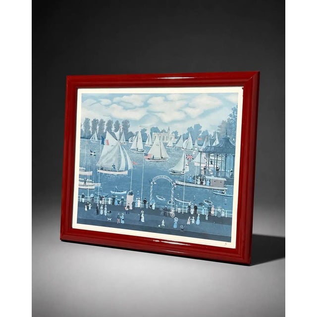 Framed sailboat harbor artwork after Michel Delacroix, France, dated 1991. The piece features a charming nautical...