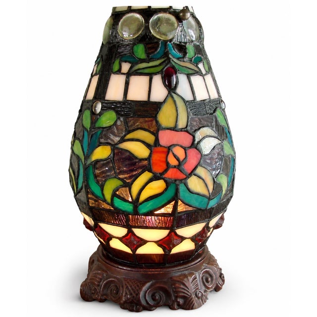 Plastic Vintage Tiffany-Style Floral Stained-Glass Table Lamp With Illuminated Base For Sale - Image 7 of 8