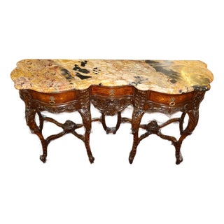 French Louis XV Carved Walnut Inlaid Marble Top Buffet Sideboard Circa 1910 For Sale