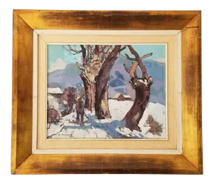 1970s Guy Duveyre Abstract Winter Rural Landscape Oil on Canvas Painting
