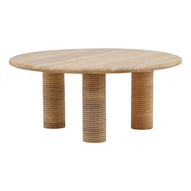 Travertine & Cane Round Coffee Table For Sale