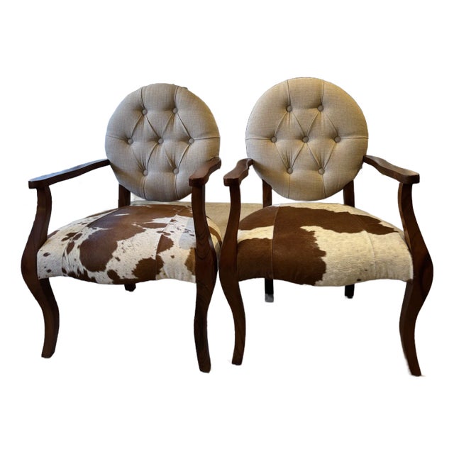 K & K Interiors Cowhide Armchairs - Set of 2 For Sale