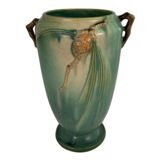 Roseville Pinecone Art Pottery Vase, Green Glaze, American Art Deco, Circa 1930 For Sale