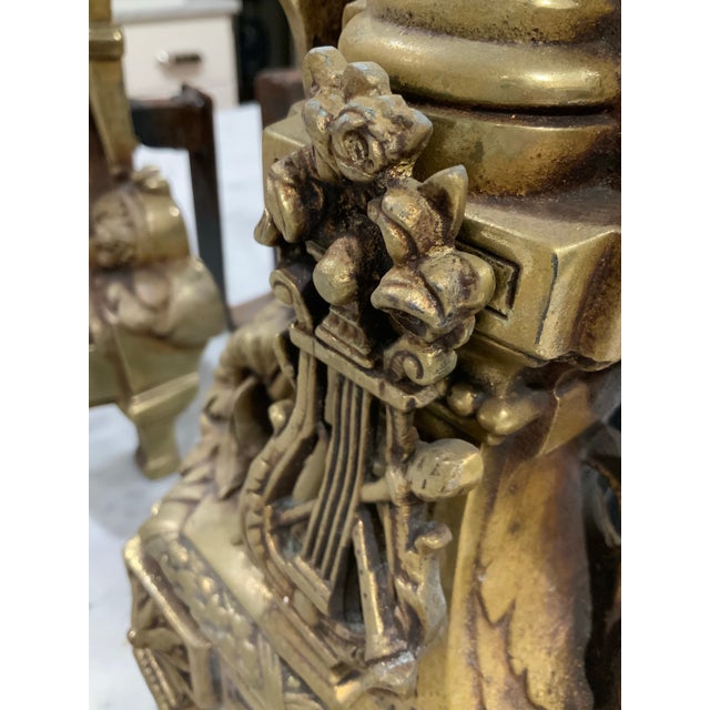 Metal Antique French Rococo & Louis XVI Chenets a Pair - Large Heavy Brass Fireplace Andirons for Regency, Neoclassical and Old World Decor - See Pics! For Sale - Image 7 of 12