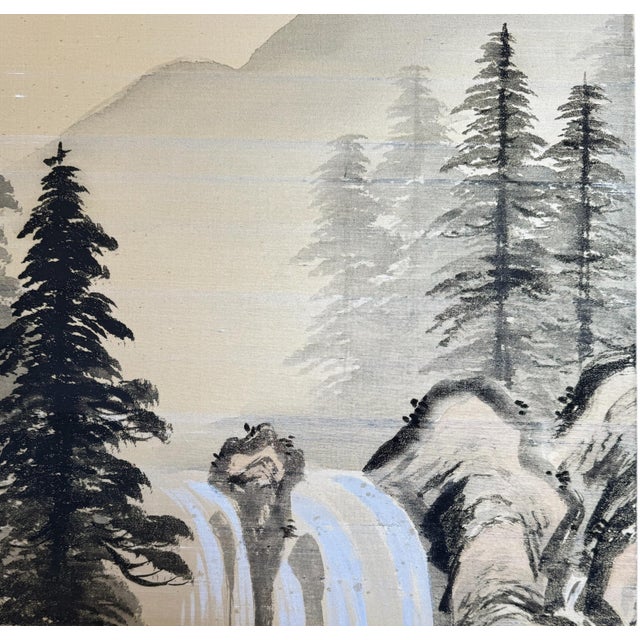 1940s 1940s Handpainted Silk Japanese Byobu Screen in Cerused Oak Frame For Sale - Image 5 of 10