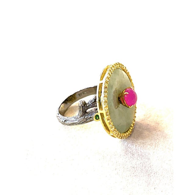 Bochic “Orient” Jade, Ruby & Diamond Dome Ring Set 18k & Silver Size 9 For Sale - Image 4 of 8