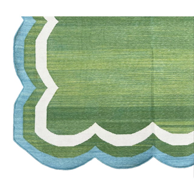 Handmade Cotton Area Rug, Flat Weave Moss Green Scalloped Dhurrie Teal Blue Border - 5'x7' For Sale - Image 10 of 10