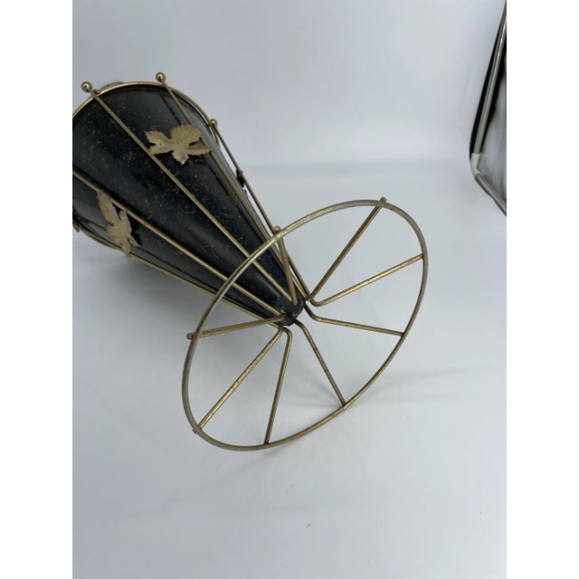 Metal Mid Century Modern Brass and Black Umbrella Stand With Brass Leaves For Sale - Image 7 of 8