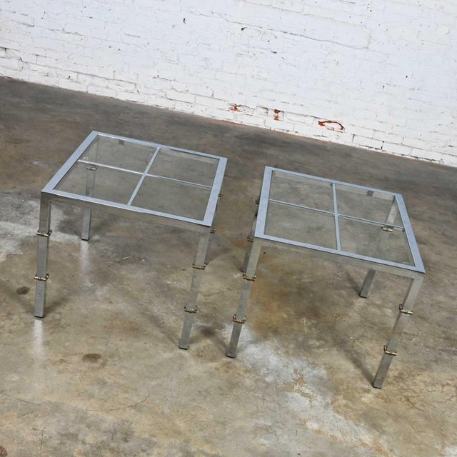 Hollywood Regency Chrome & Glass Square End Tables Brass Details a Pair Style of Maison Jansen For Sale - Image 14 of 16