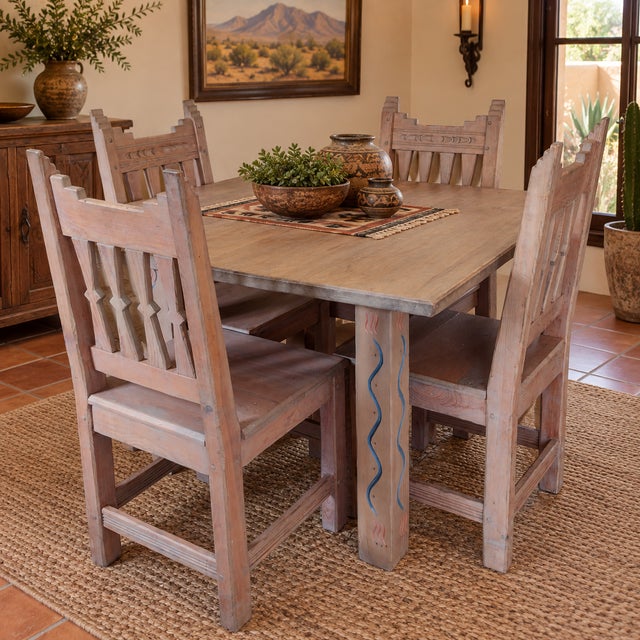 Wood Late 20th Century Ernest Thompson Southwest Dining Table & 4 Chairs – Hand-Painted Solid Wood Set For Sale - Image 7 of 12