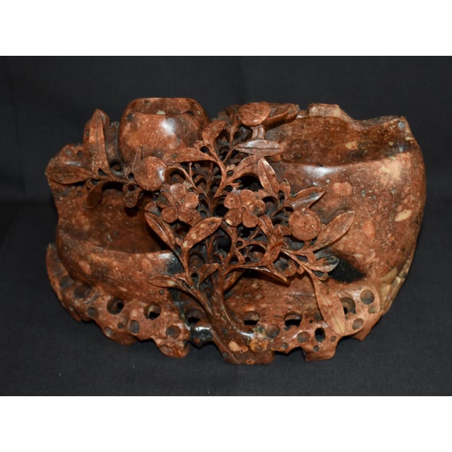 Vintage Chinese Hand Carved Soapstone Double Vase Sculpture Floral Motif Antique For Sale - Image 9 of 14