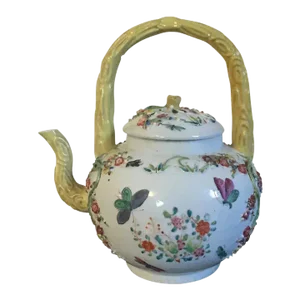 Antique Circa 1780 Chinese Export Qianlong Porcelain Tea Pot with Famille Rose Palette and Faux Bois Handle