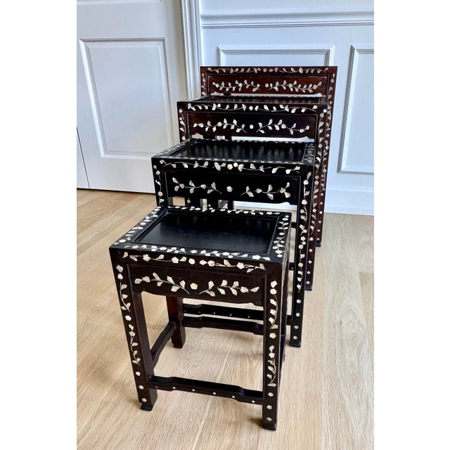 Vintage Asian Export Mother-of-Pearl Inlaid Graduated Nesting Tables – Set of Four For Sale - Image 4 of 12