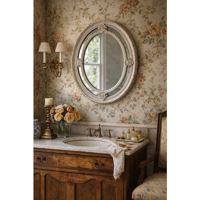 Baroque Oval Wall Mirror In Distressed White Kindly note photo number two (2) is a digital rendering created for...
