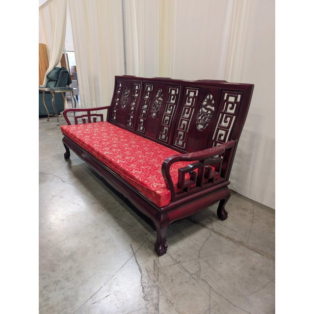 Chinese Vintage Chinese Rosewood Three-Seat Sofa With Hand-Carved Dragon Medallions and Red Silk Cushion For Sale - Image 3 of 11