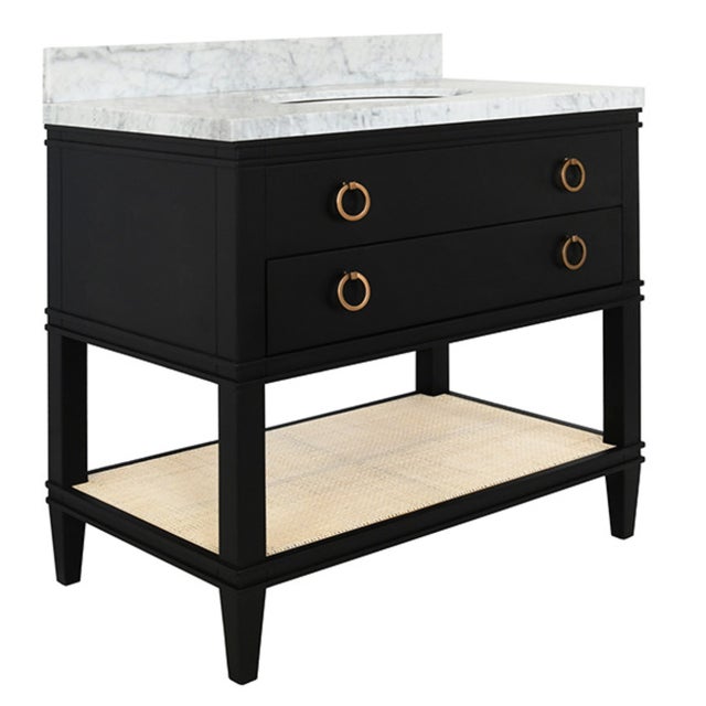 Contemporary Matthew Izzo Home Cutler 36.5" Matte Black Lacquer, 2 Drawer Single Porcelain Sink Bath Vanity W/Carrara Marble Top, Brass Pulls, and Caned Open Shelf For Sale - Image 3 of 11