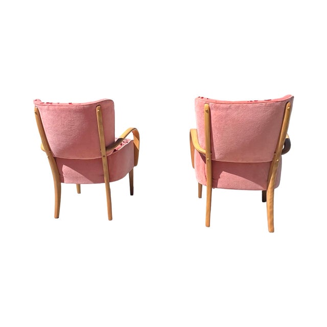 Vintage Mid Century Modern Pair Heywood Wakefield Lounge Pink Velvet Armchairs Restored Art Deco Model M340c For Sale - Image 11 of 12