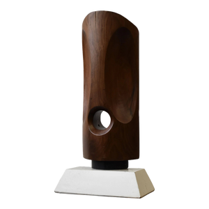 Vintage Large-Scale Kinetic Teak Mask Sculpture Mounted to Painted Wood Tiered Base by Paul Bechtold, Circa Mid 20th Century