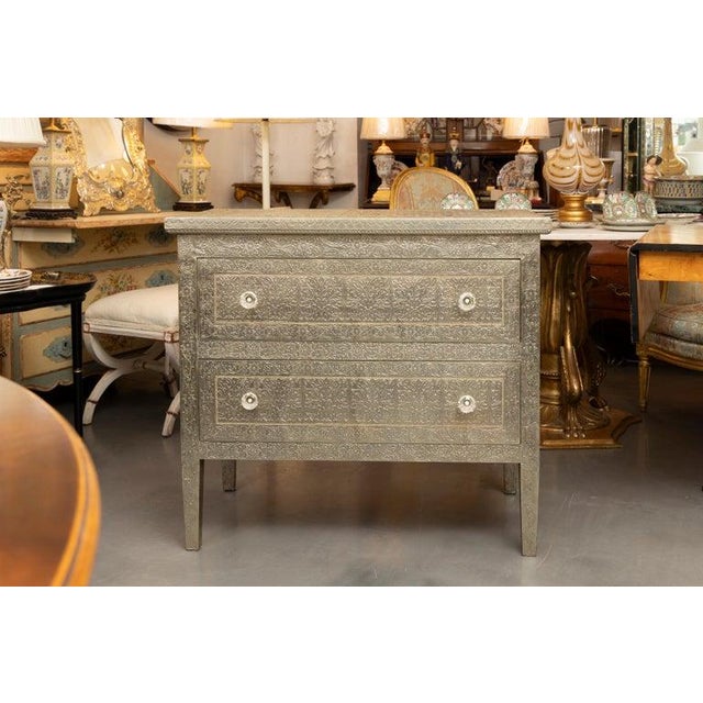 Mid 20th Century Hand-Embossed White Metal-Clad Two-Drawer Chest For Sale In West Palm - Image 6 of 8