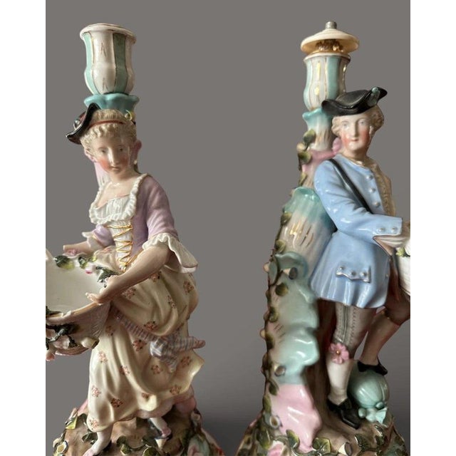 Early 20th Century Antique Rococo Porcelain Figural Candlesticks from Sitzendorf, 1900, Set of 2 For Sale - Image 5 of 10