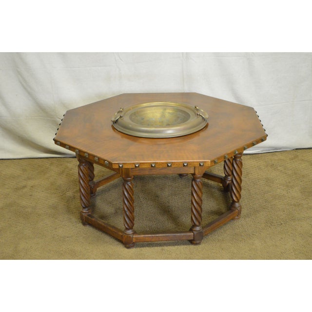 Spanish Renaissance Style Walnut Octagon Coffee Table w/ Brass Bowl